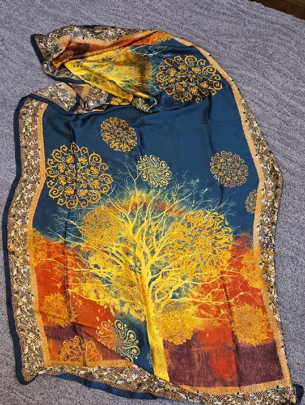 Vibrant Tree Print Scarf in Teal and Golden Yellow